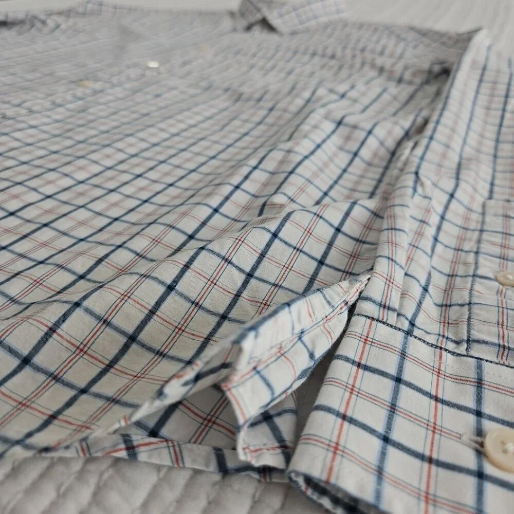 Banana Republic Shirt Men's XL Red White Blue Windowpane‎ Soft Wash Slim Fit EUC